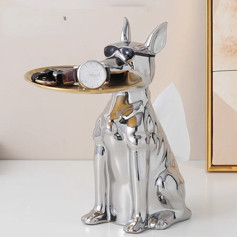 Silver Plated Resin Doberman Decor - Luxury Tea Table Storage Stand, Elegant Home Accent for Living Room, Functional Decor