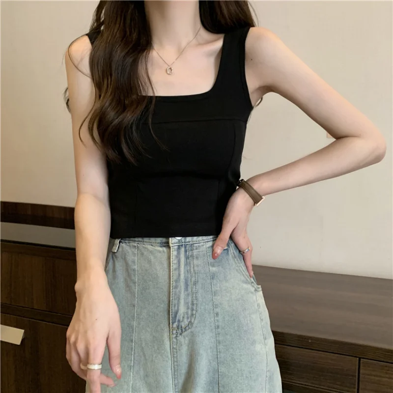 Women Sleeveless Crop Top Y2K Tank Top Women's T-shirt Camisole with Bra Pad Cotton Square Collar Sexy Vest Beauty Back