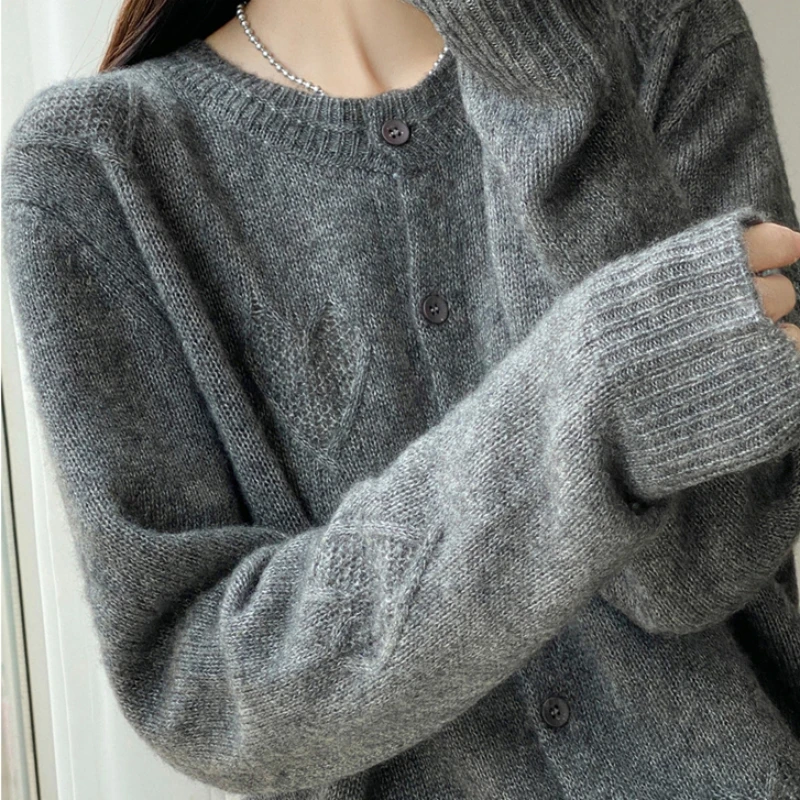 Thick Grid Love Pattern Jacquard Autumn Winter New Single Breasted Round Neck Warm Women's Cardigan Casual Joker Loose Lazy Tops