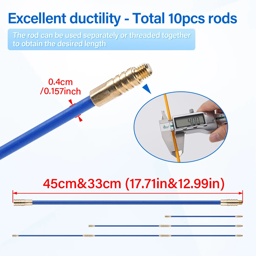 Fish Pulling Kit 10Pcs 33‑45cm Fiberglass Running Rods 3/4mm Hook Rod Tool for Walls Attics Ceiling Cable Wiring Installation