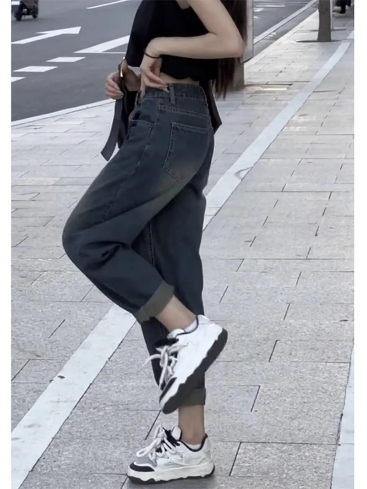 여성용 Fce 안감 처리된 하란 데님 진 하이웨이스트 롱 팬츠 루즈핏 슬림 빈티지 아메리칸 대디 스타일