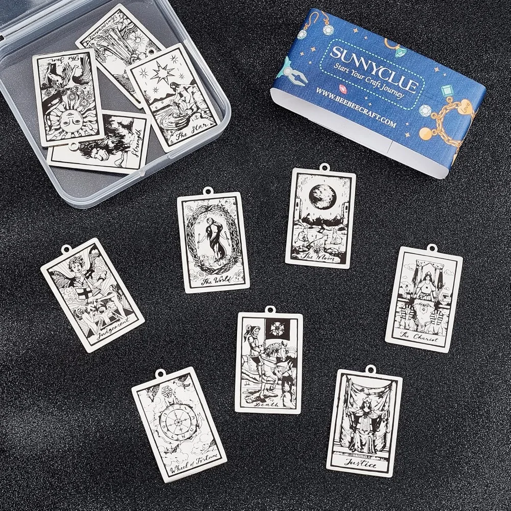 1 doos 12 stuks Tarot Card Charms grote roestvrijstalen Tarot Charms 24x40mm Vintage Tarot Sun Charm Ouijas grote sierlijke rechthoek