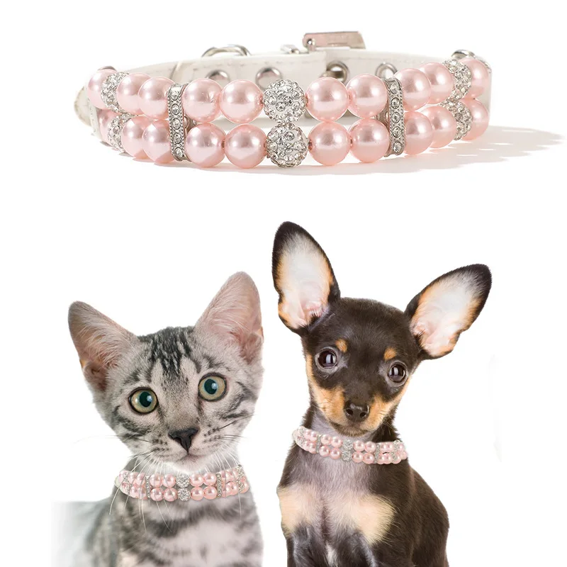 

Pet Supplies Necklace Double Row Pearl Dog Collar Fashion Elegant Cat Collar Solid Color Small and Medium Dog Pet Accessories