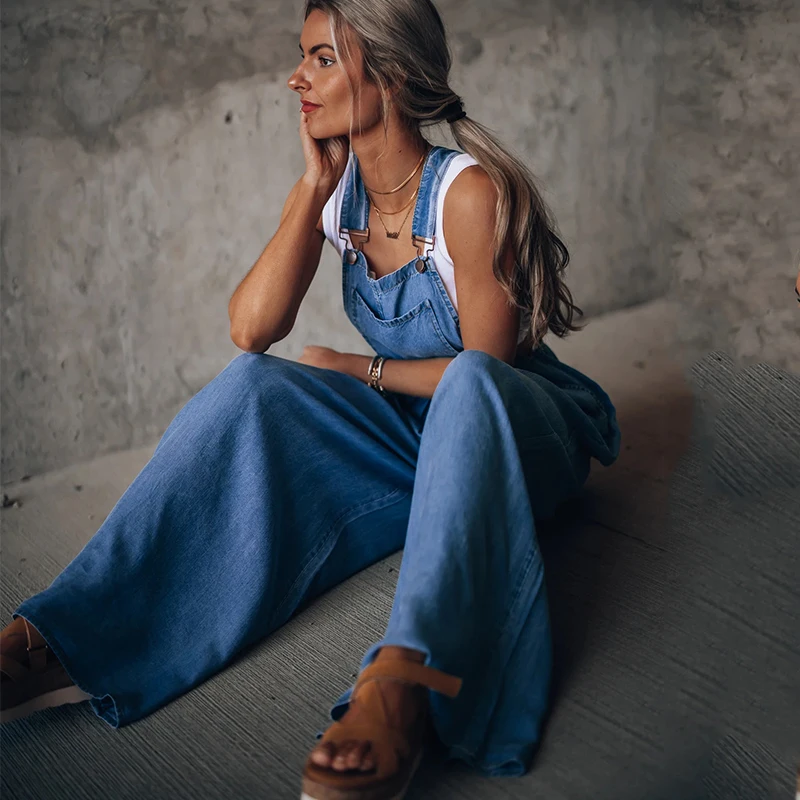 Summer Overalls For Women Blue Denim One-Piece Jumpsuits Loose Wide-Leg  With Pocket High-Waist Jumpsuits