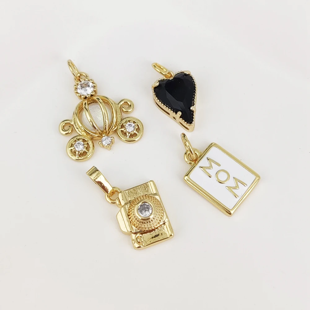18k Gold Plated Inlaid Cubic Zirconia Pumpkin Cart Camera Black Heart Square Shape Alphabet Pendant for Women Girl DIY Jewelry