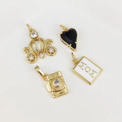 18k Gold Plated Inlaid Cubic Zirconia Pumpkin Cart Camera Black Heart Square Shape Alphabet Pendant for Women Girl DIY Jewelry