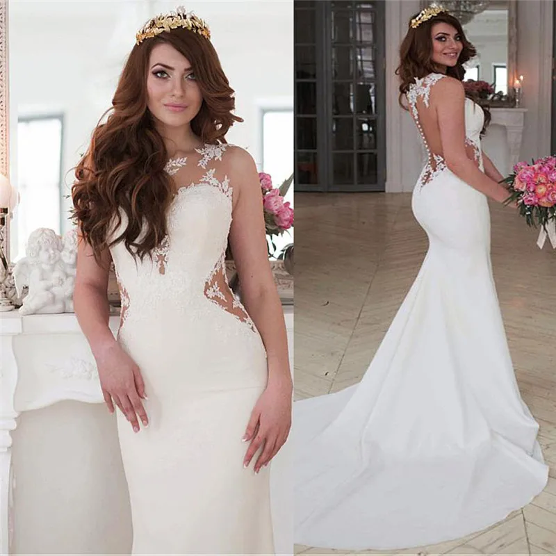 Vestidos De novia con apliques De encaje De cuello redondo, vestidos De novia De sirena ajustados naturales, vestidos De novia personalizados sin mangas, vestido De novia transparente en la espalda