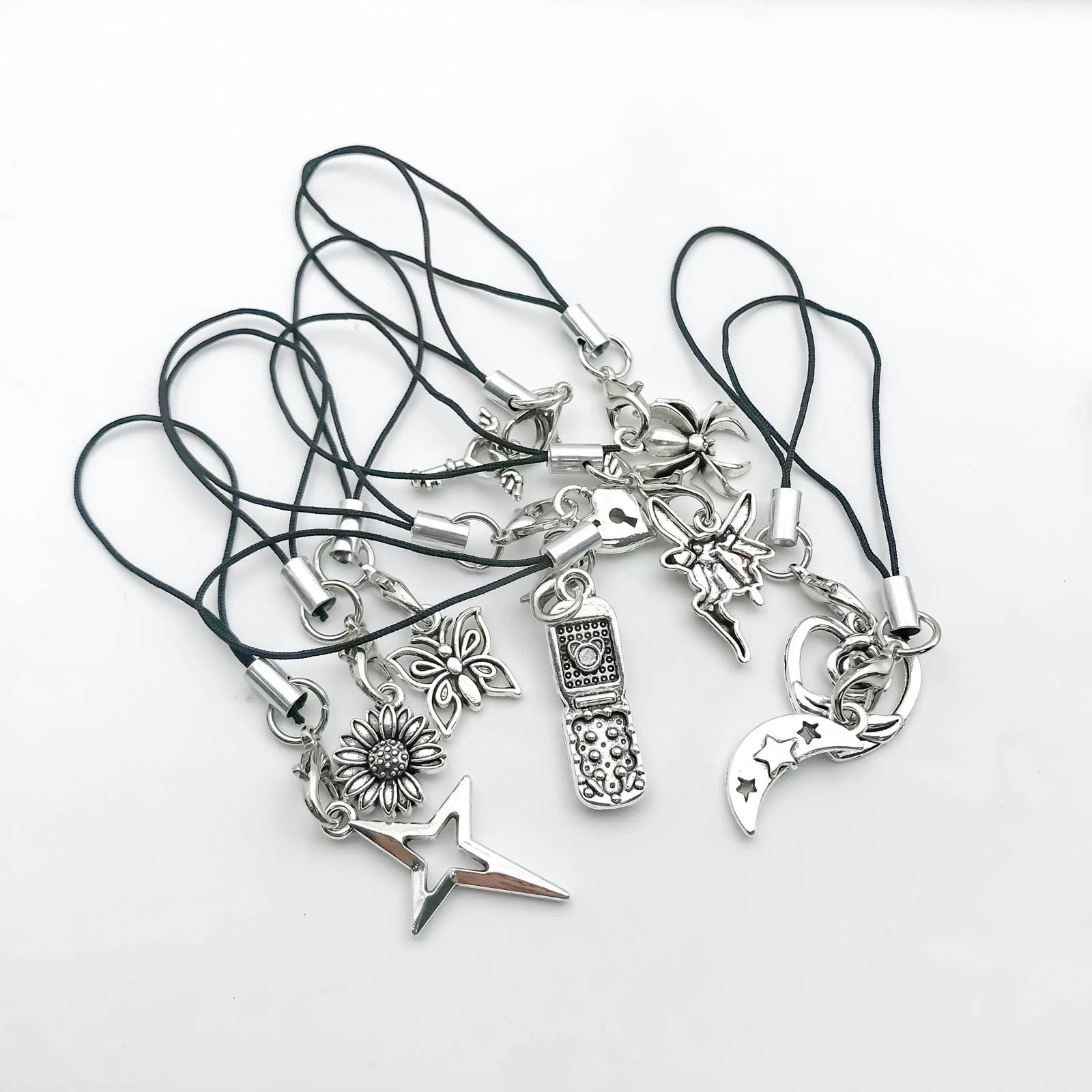 10Pcs/Pack With Antique Silvery Pendants Mobile Phone Pendant Handmade Rope Keychain Phone Fashion Pendant