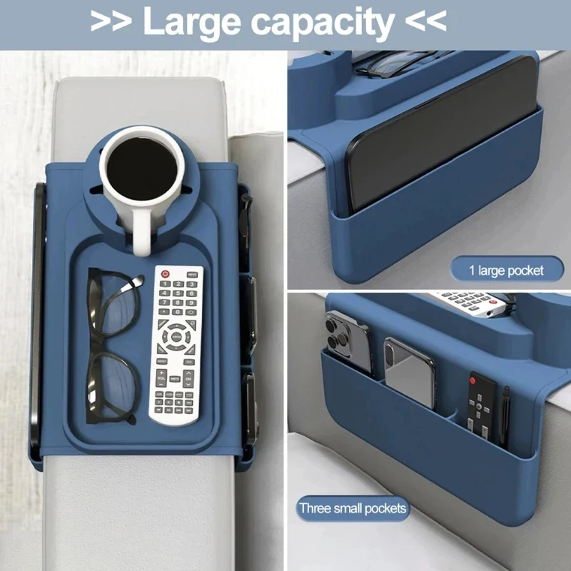 

Couch Arm Caddy Silicone Waterproof Cup Holder Tray with Side Pockets Sofa Armrest Table for Snack Drinks Storage