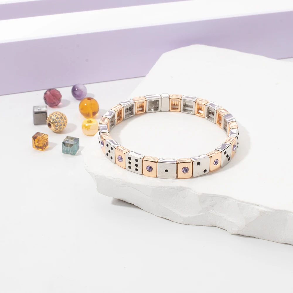 2024 New Fashion Gold Color Enamel Dice Bead Bracelet for Women Bohemian Beads Inlaid Colorful Zircon Elastic Jewelry Accessory