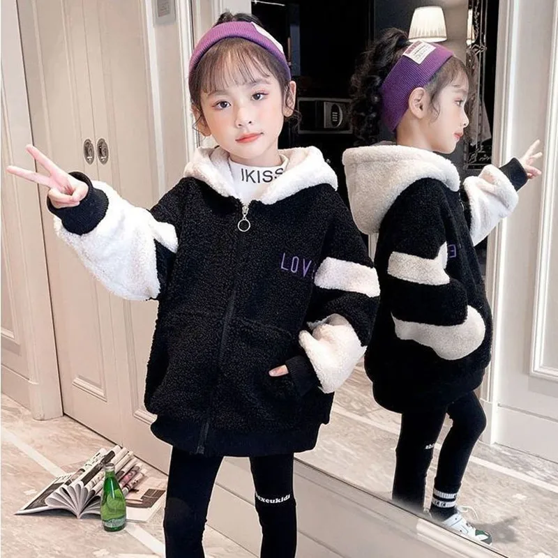 

2023 New Autumn Winter Warm Girl Coat Jackets Clothing Kids Teenage Hooded Tops Thicken And Plush Fluff Letters Blke Coats