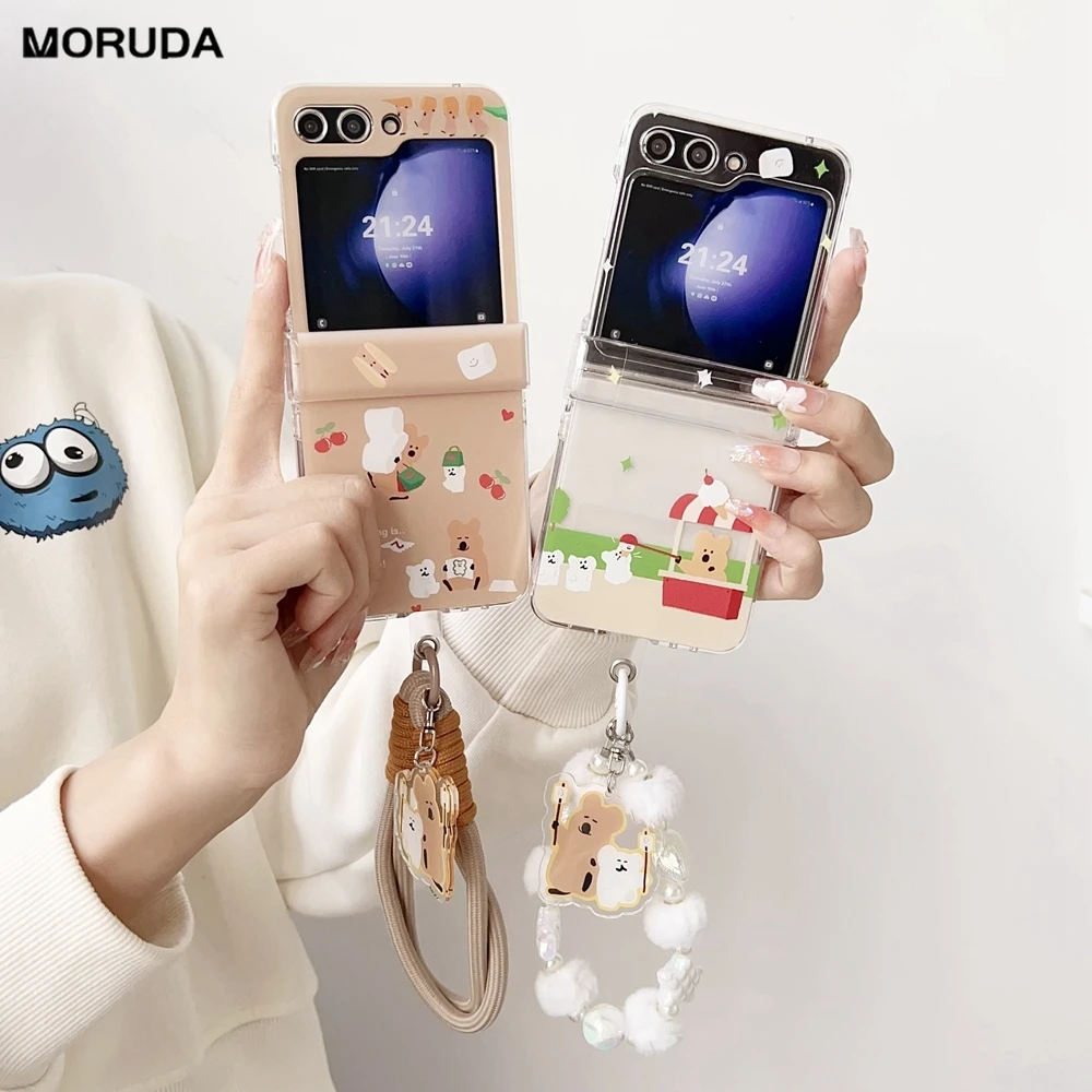 Cute Cartoon Bear Phone Case For Samsung Z Flip 6 5 4 3 Wrist Strap Cover For Galaxy Z Flip 3 4 Hard Hinge Protective Slim Cover