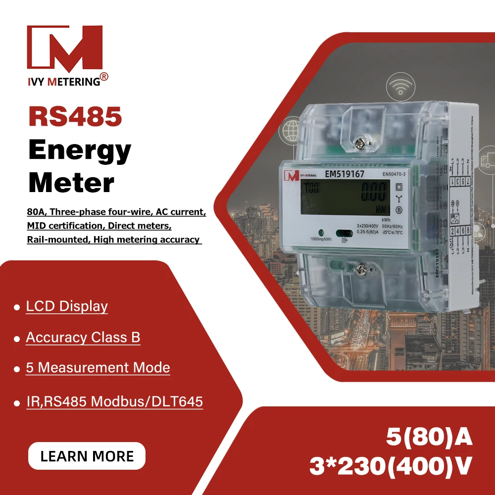 

IVY EM519171 Three Phase Four-Wire RS485 Modbus Energy Meter, 80A DIN Rail, MID Certified, High Accuracy 1% for Grid and Industr
