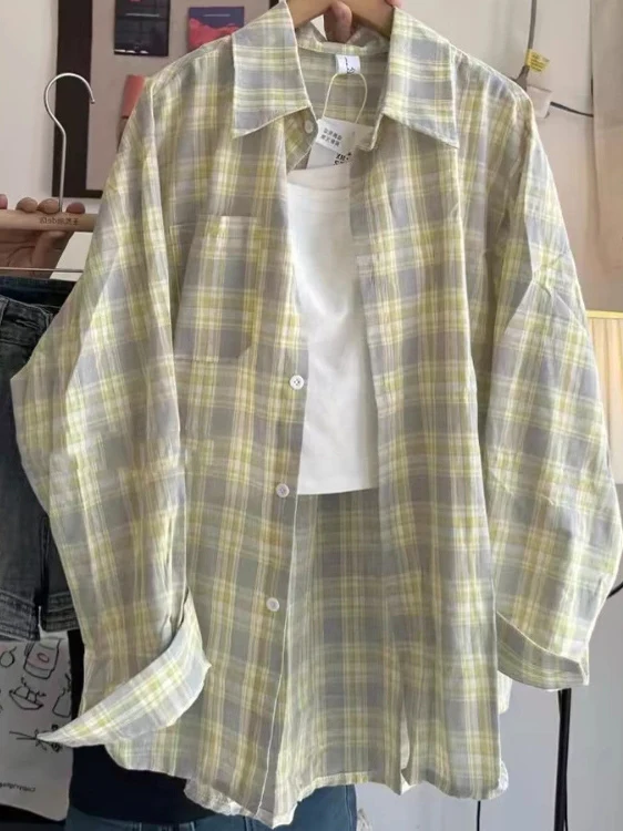 

plus Size 300 Pou Women's Plaid irt Spring Summer Fre Casual Long Sve Outerwear Korean Sle Loose Fit Henry Collar