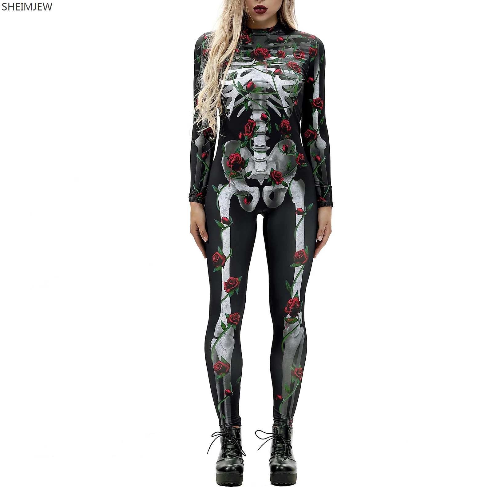 Full Jumpsuit Women Turtleneck Simulation Rose Skull 3D Printing Zipper Bodysuit Halloween Catsuits Garden Overalls Rave Outfits