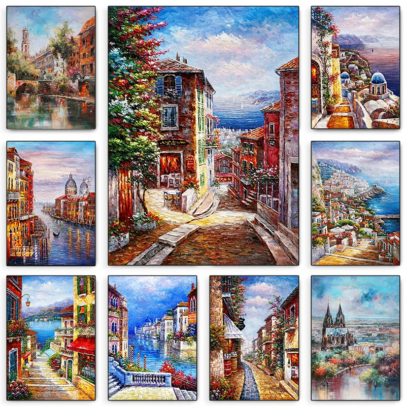 1pc frameless Canvas Painting Romantic Italy travel poster Venice canal sunset Bruges medieval architecture canvas painting suit