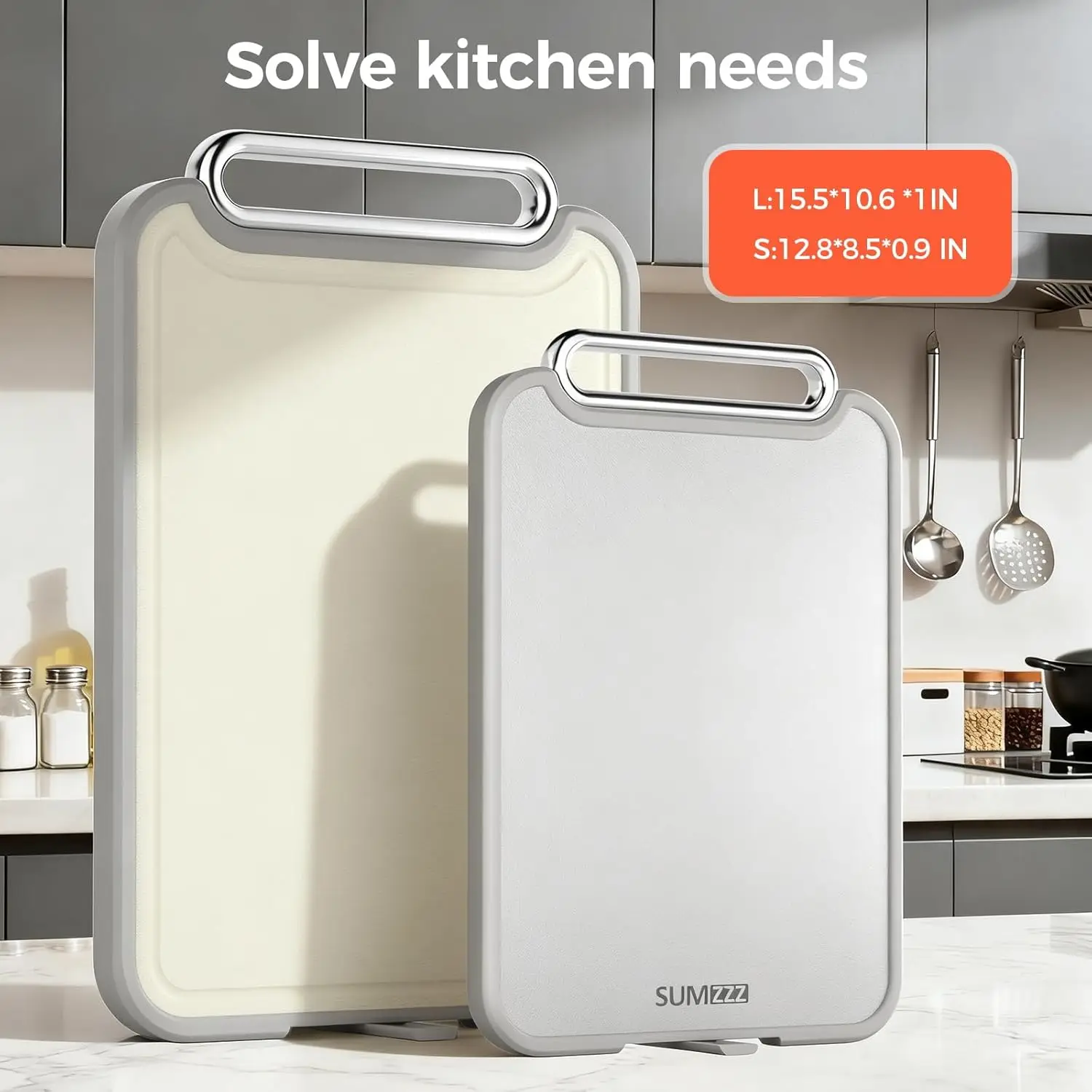 2-in-1 Double-Sided Stainless Steel Chopping Board, Food Grade Silver Set of 2 (S+M) for Kitchen