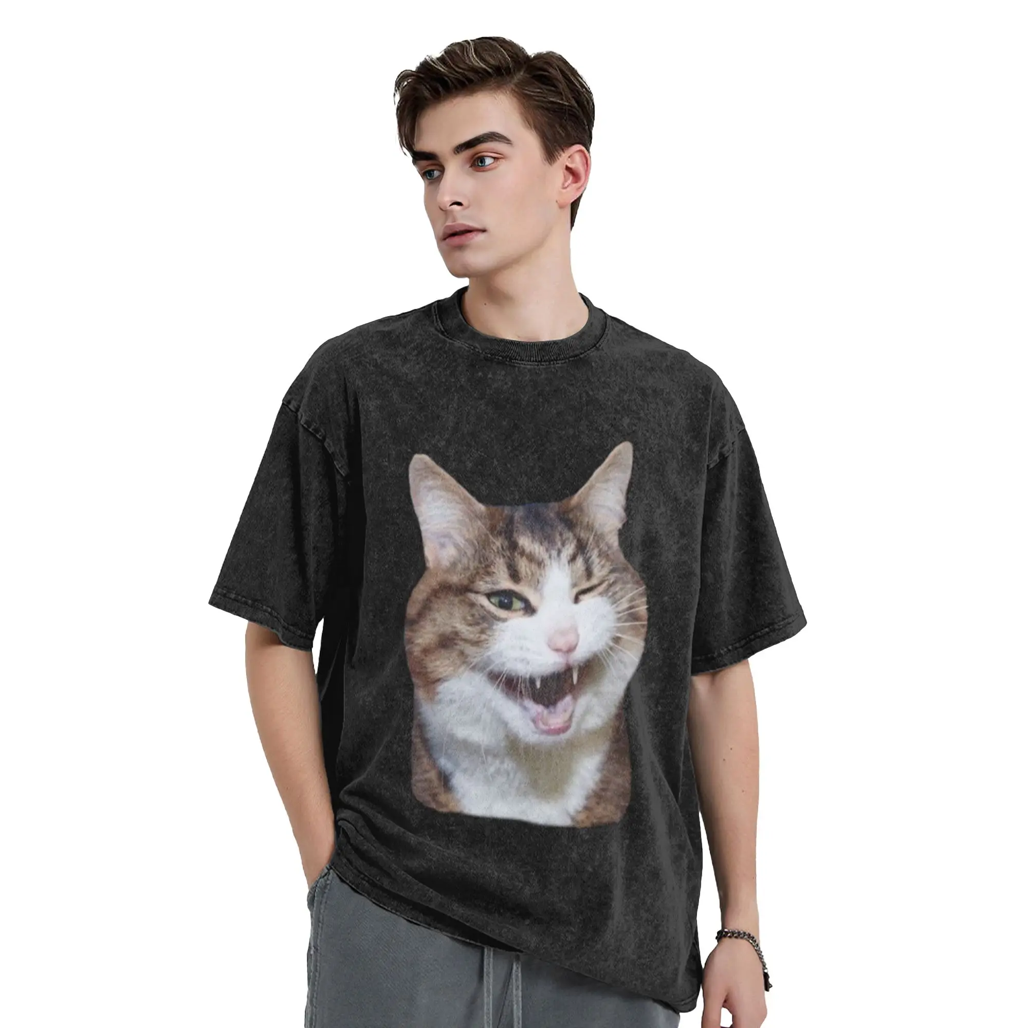 Funny Cat Reaction Cat Lover Classic Comfort A Washed T Shirt Men's Women's Oversized Cotton Tees Tops