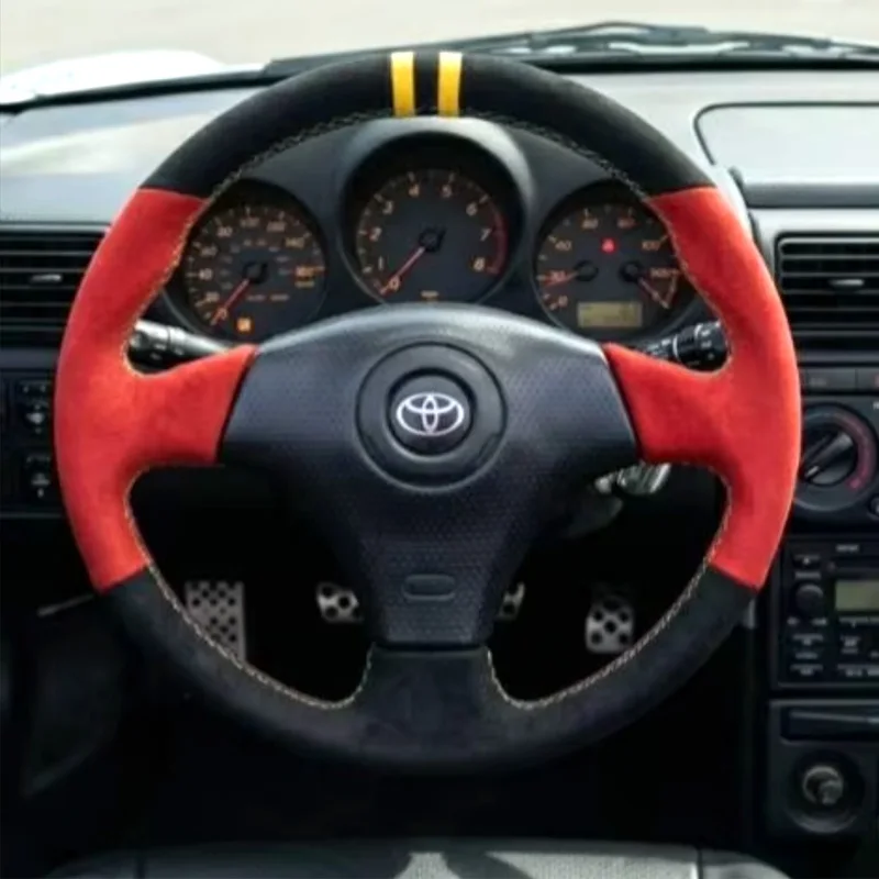 Handgenähter roter Wildleder-Lenkradbezug für Toyota RAV4 Celica Matrix MR2 Supra Voltz Caldina MR-S Corolla 1998-2008.