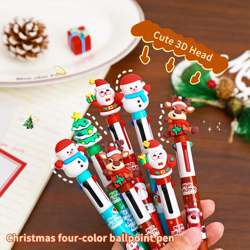 Creative 4-Colors Ballpoint Pen Cartoon Christmas Series Pens Cute Santa Claus Pressing Neutral Pens Children Prizes Gifts