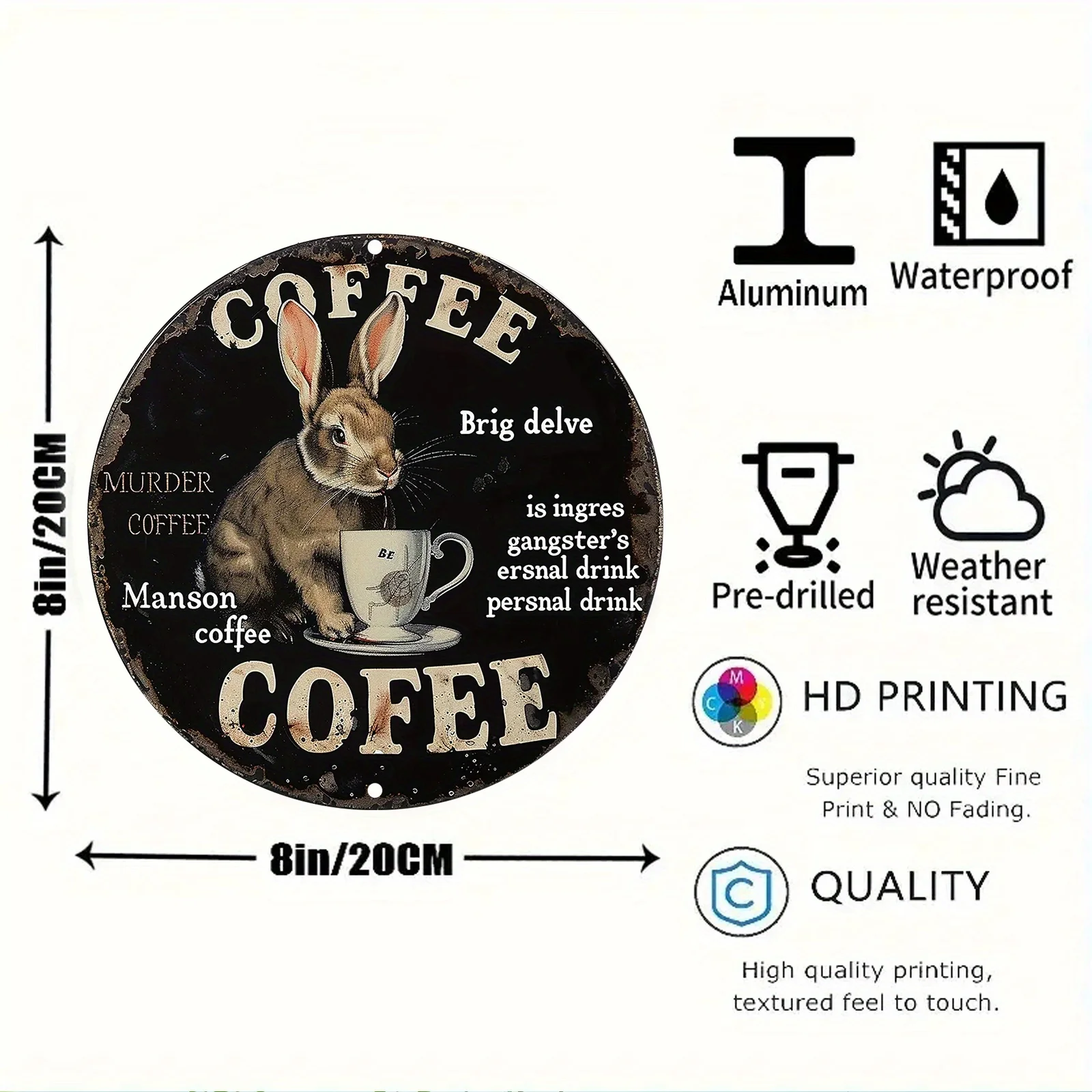 1pc Vintage Bunny Coffee Metal Sign - 20.32x20.32 cm Aluminum Wall Art with 2D Print, Scratch & UV Resistant for Home, Kitchen,