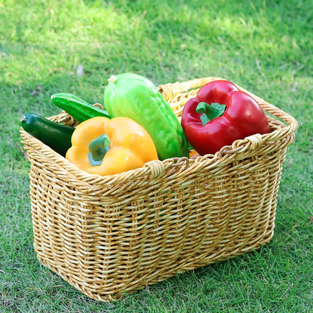 

Portable Shopping Basket Imitation Rattan Fruit Vegetable Woven Handmade Storage Kitchen Organizer Decorative Snacks Container