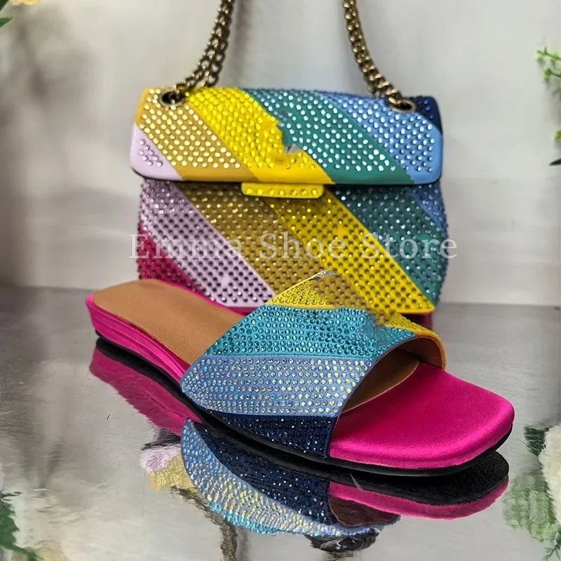 

Summer Splicing Diamond Flat Slippers Colorful Rhinestone Striped Design Chain Shoulder Bag Casual Outdoor Wear Women's Sandals