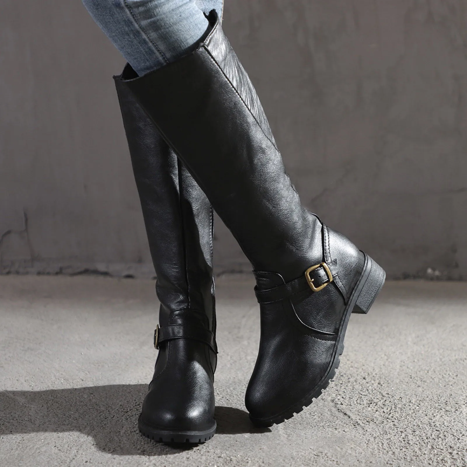 New Pu Leather Knee Boots for Women Shoes Buckle Metal Decoration Fashion Outdoor Ladies Footwear Long Black Botas