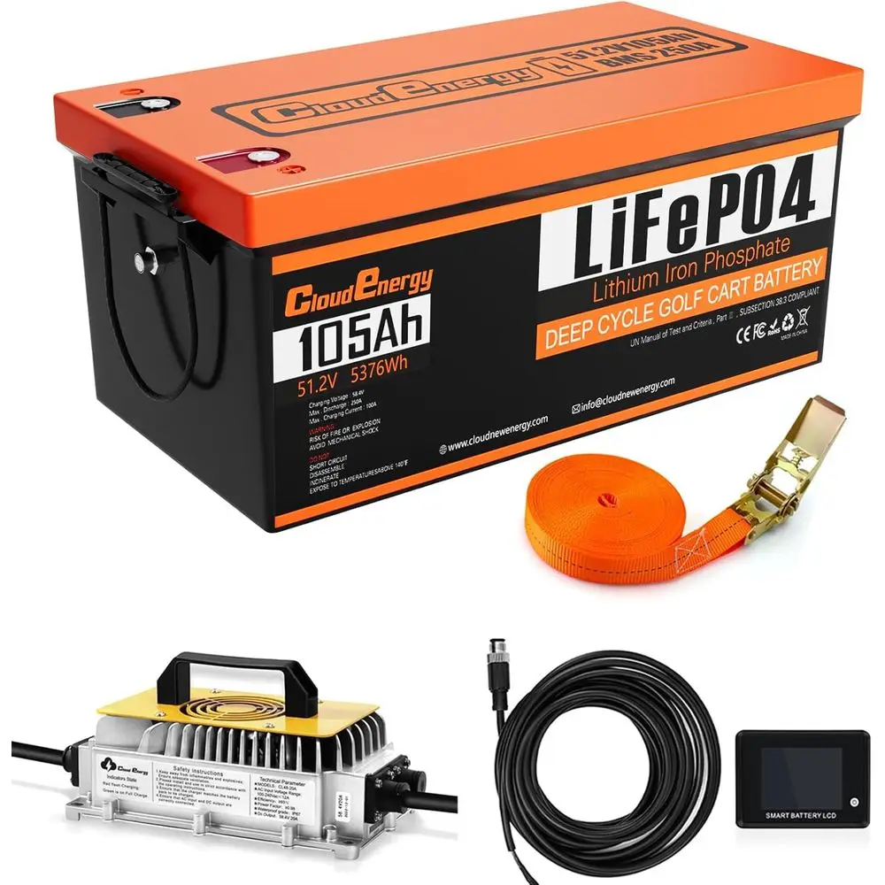 

Аккумулятор LiFePO4 48В 105Ач для гольф-кара с BMS 250А, мобильным приложением, сенсорным монитором, ремнем для крепления, более 6000 циклов зарядки