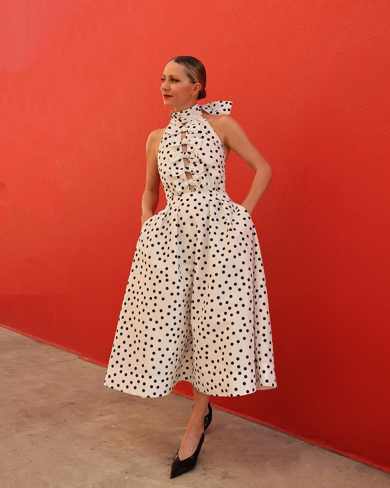 Fashion Polka-dot 2025 Women Evening Dresses with Bows Sleeveless A Line Black Spots Prom Party Dresses with Pockets Custom Made