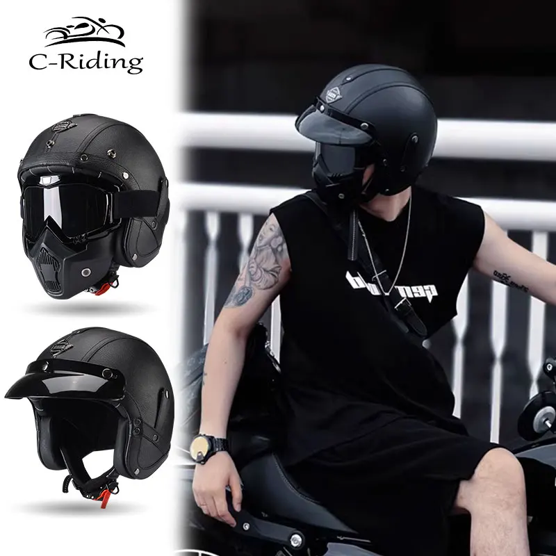 

Retro Vintage Helmet Motorbike 3/4 Open Face For Adult PU Leather Casco Moto Helmet Motorcycle Helmets With Goggle Mask