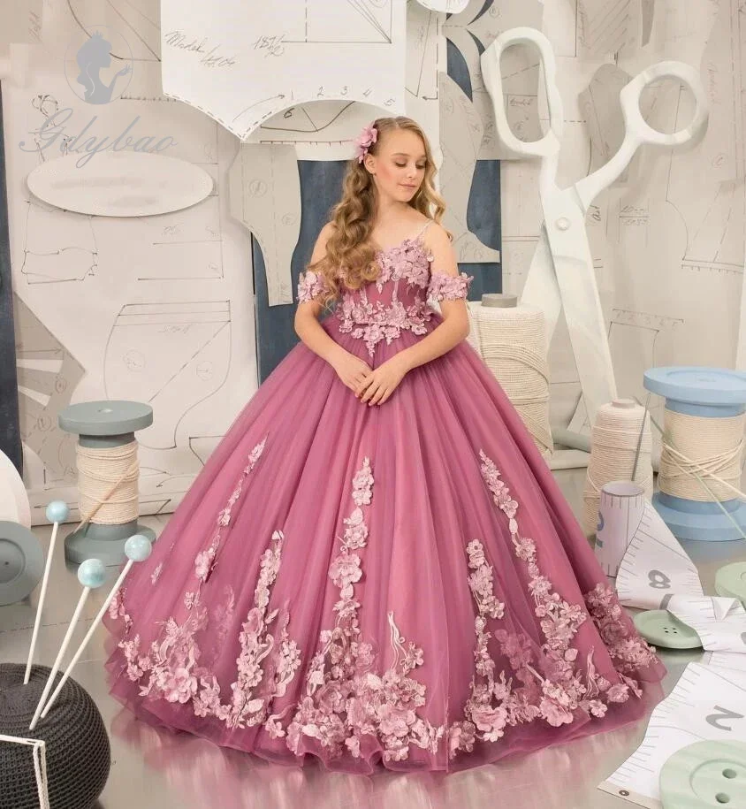 

Flower Girl Dresses Dark Pink Flower Girl Dress For Wedding Applique Sleeveless Tulle Puffy Birthday Party Children Photoshoot B