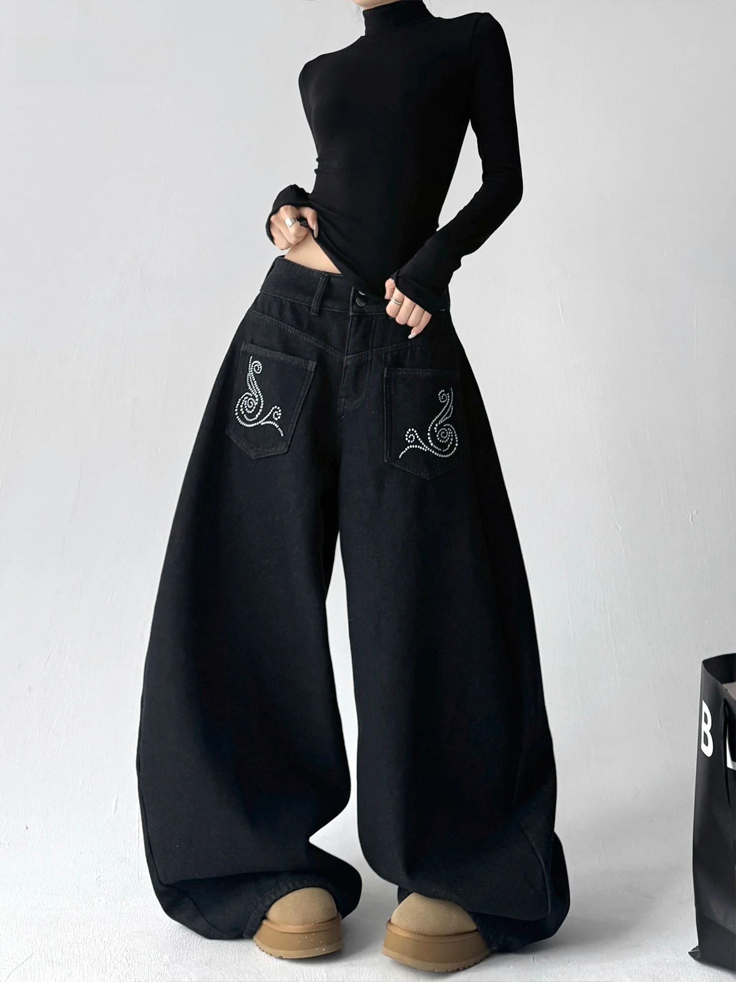 

Retro American Design Diamond Embellished Fleece Lined Wide Leg Jeans Women's Loose Fit Winter New Style Korean Version