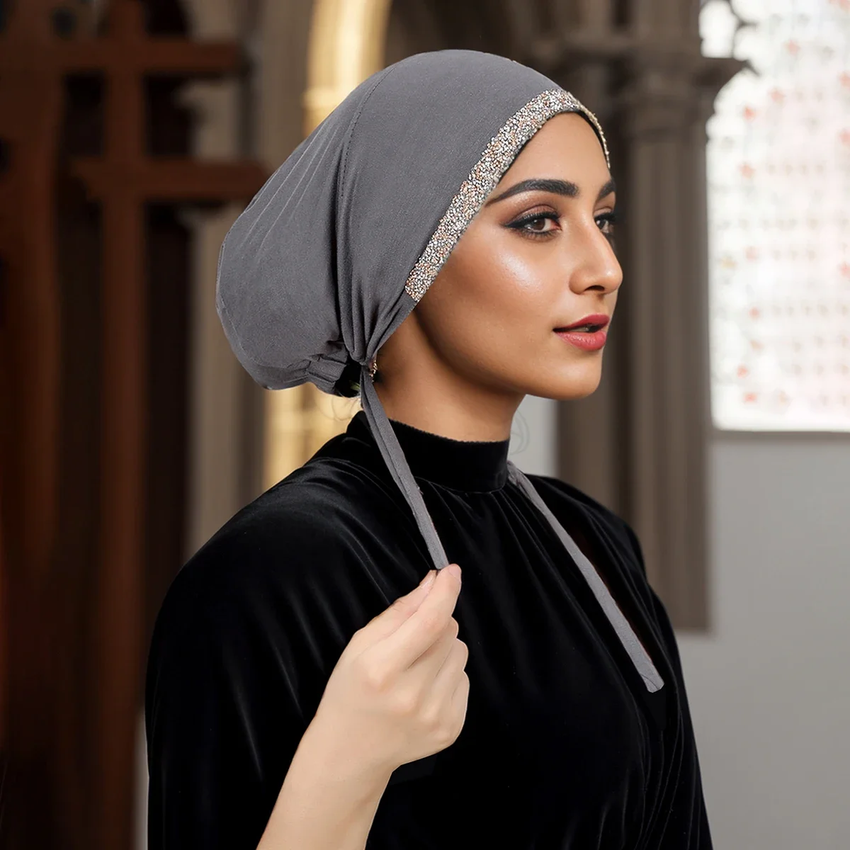 Women Modal Rhinestone Turban Inner Hijab Undercap Hat Islamic Muslim Head Wraps Under Hijab Caps with Tie-Back Closure Mujer