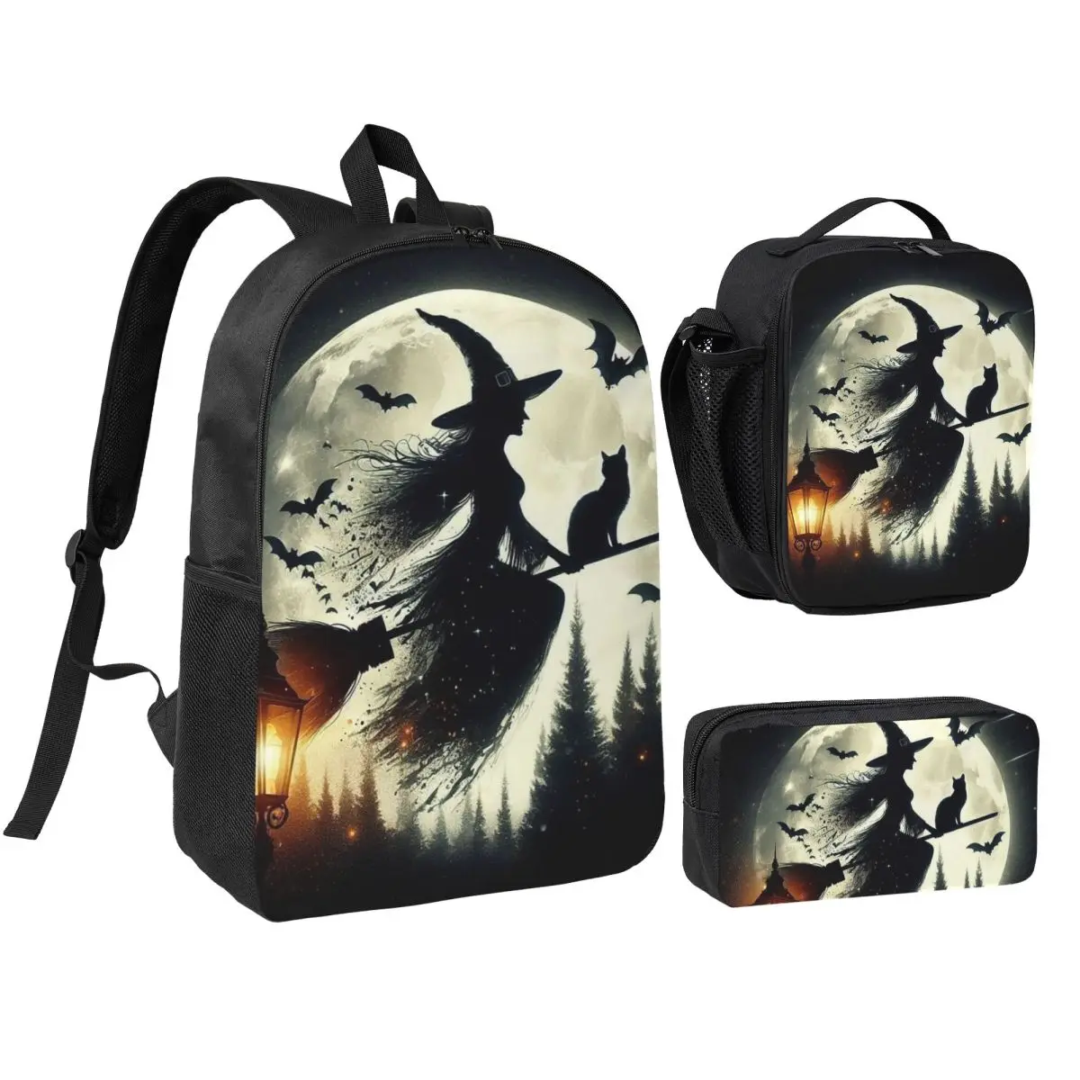 Witch And Cat Fly On Sky Backpack Boys Girls BookBag School Bag Shoulder Bags 3ps Insulated Lunch Bag Pencil Case