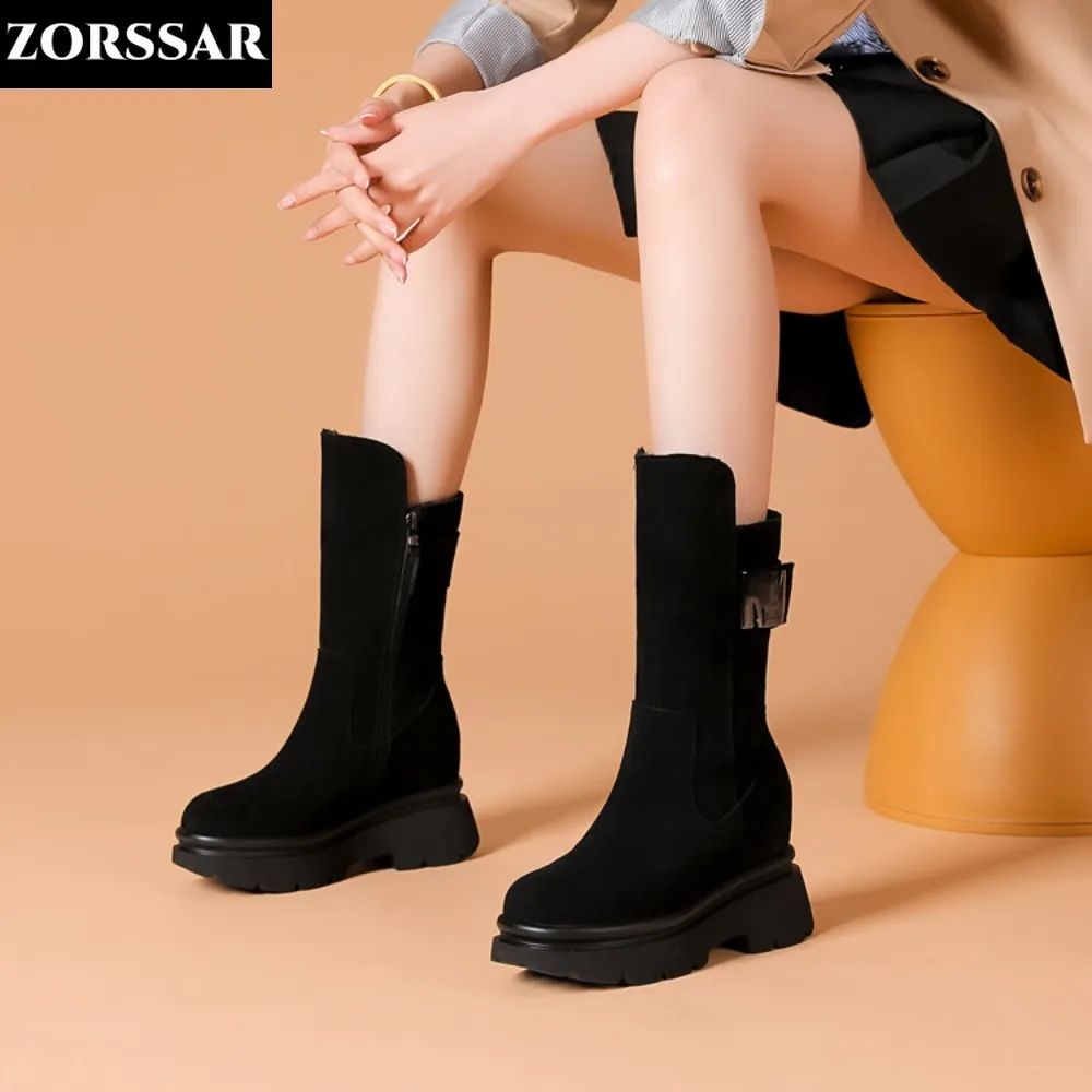 

Snow Boots Women Cow Suede Platform Shoes Female Height Increased Fashion Thick Plush Winter Cotton Shoes Wedges Mid Calf Boots