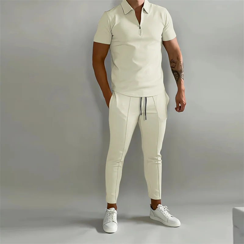 2023 Summer Sports Two-piece Sets Men\'s Short Sleeve Zipper Lapel POLO Shirt Slim Fit Long Pants Daily Casual Commuter Male Suit