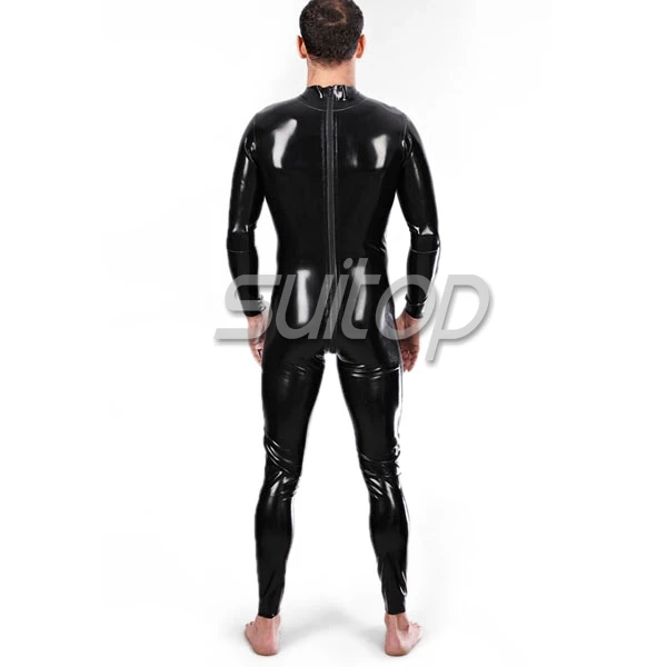 

Latex rubber catsuit in stock items with back zip through crotch to navel 3 zippper and two way open fast shipping Suitop