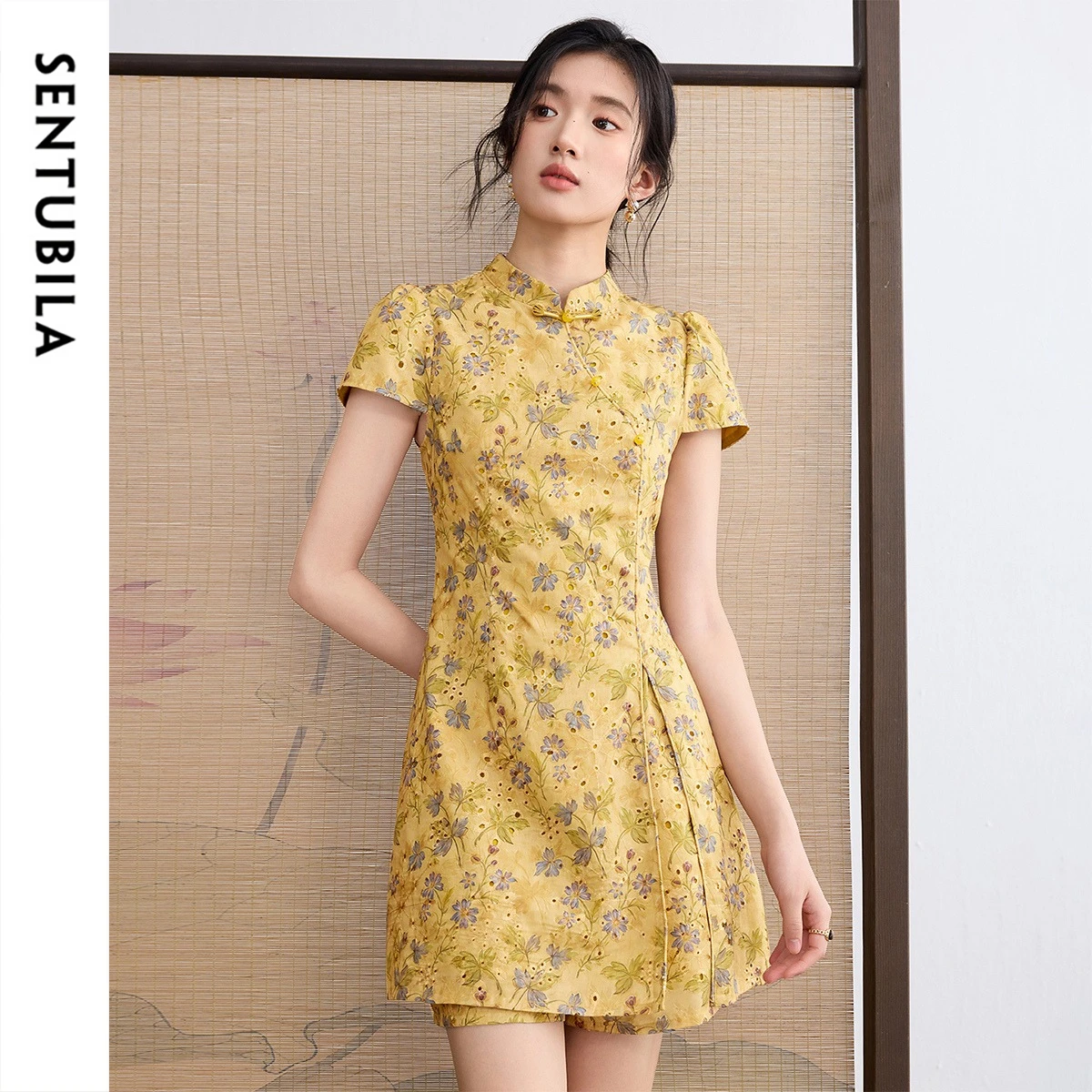SENTUBILA Women's Summer Shorts Set Woman Outfit Embroidery Mandarin Collar Frog Button Dress Elastic Waist Shorts Q62ZA6273X