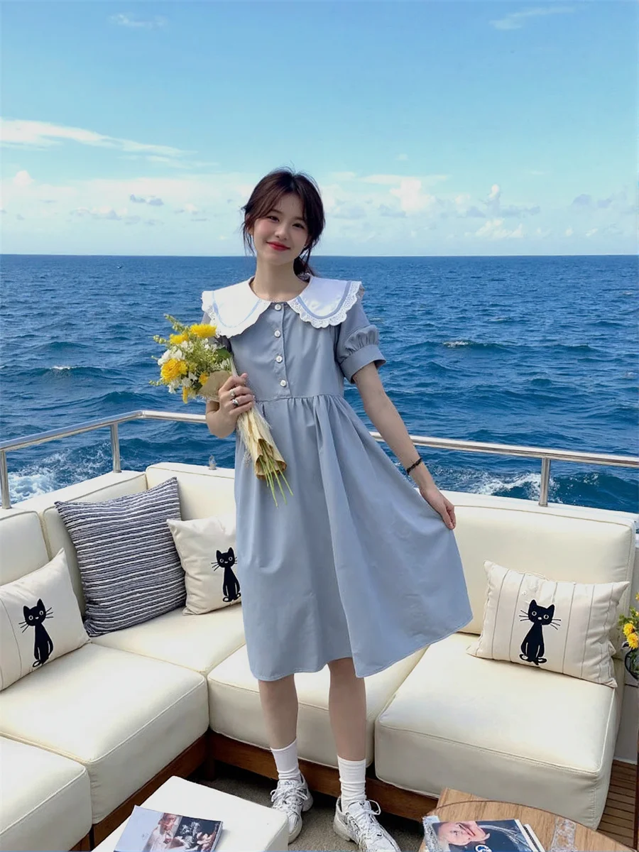 Vestidos de mujer estilo japonés Casual cuello Peter Pan suelto plisado plisado a mano volantes volantes fruncido nivel ahumado