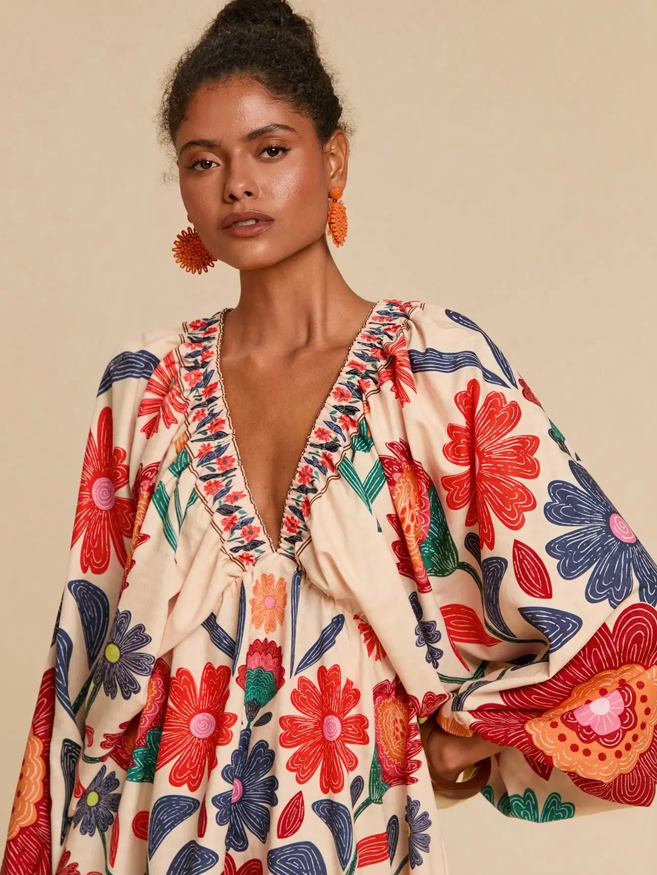 

V-Neck Loose Fit Floral Print Chiffon Mini Dress with Embroidered Trim