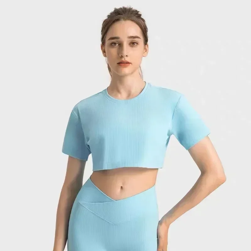 

Women Yoga Sport Shirts Ribbed Fabric Outdoor Jogging T-Shirts Sportswear Gym Clothing Short Sleeve Top Women Clothing