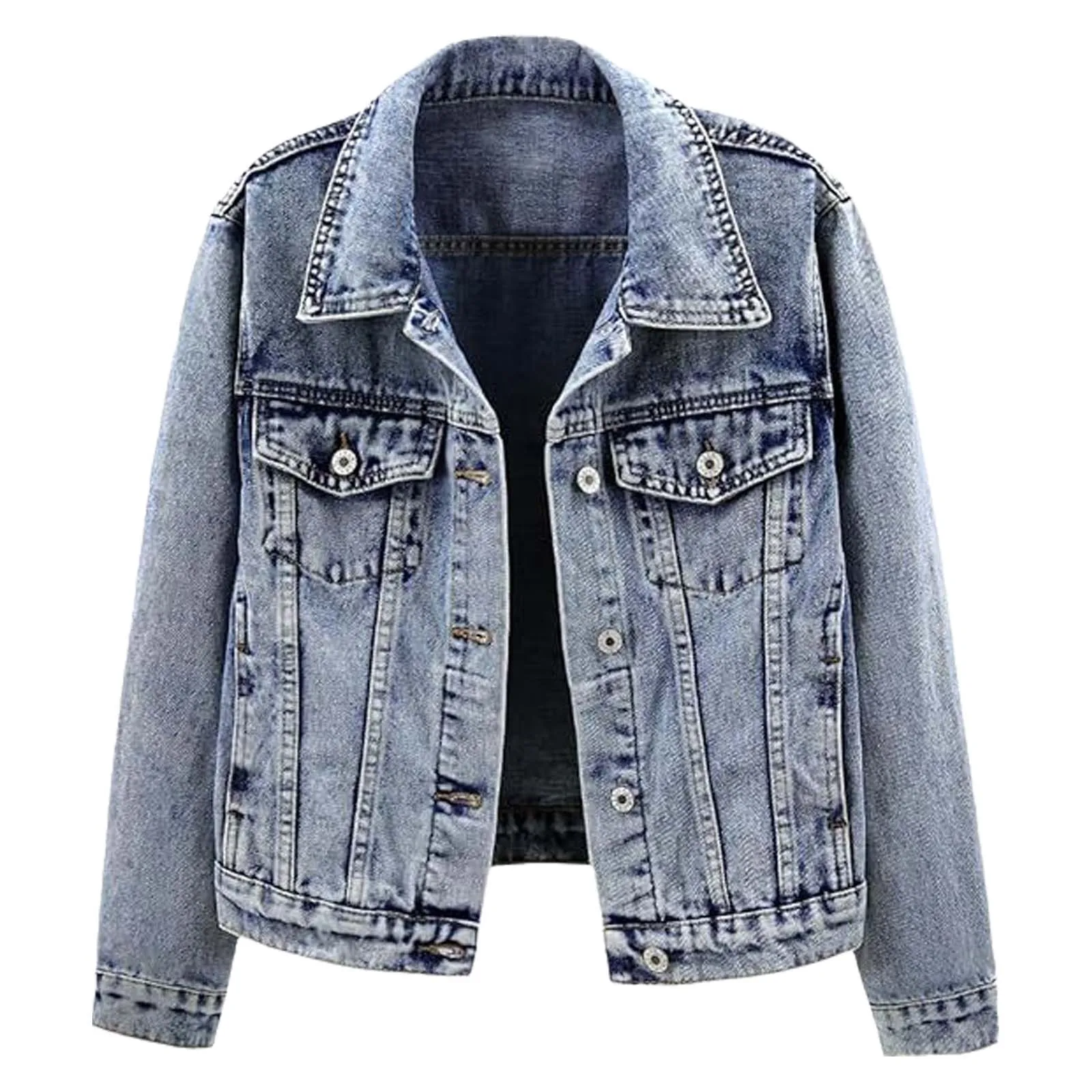 

Womens Distressed Jean Jackets Lapel Long Sleeve Front Metal Button-down Crop Denim Outerwear for Daily Casual Music Party