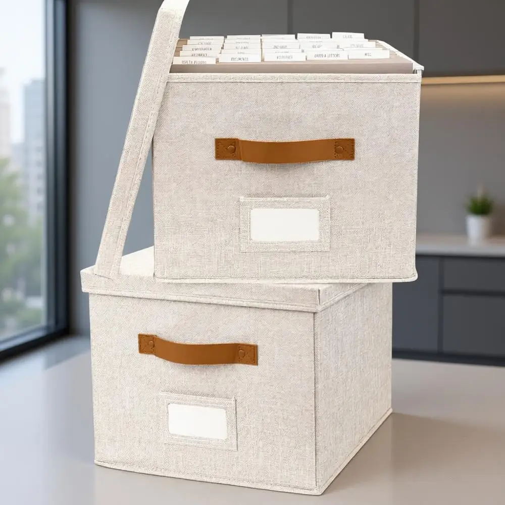 

Набор складных льняных коробок для хранения с ручками для документов и подвесных папок – портативные выдвижные ящики с крышкой