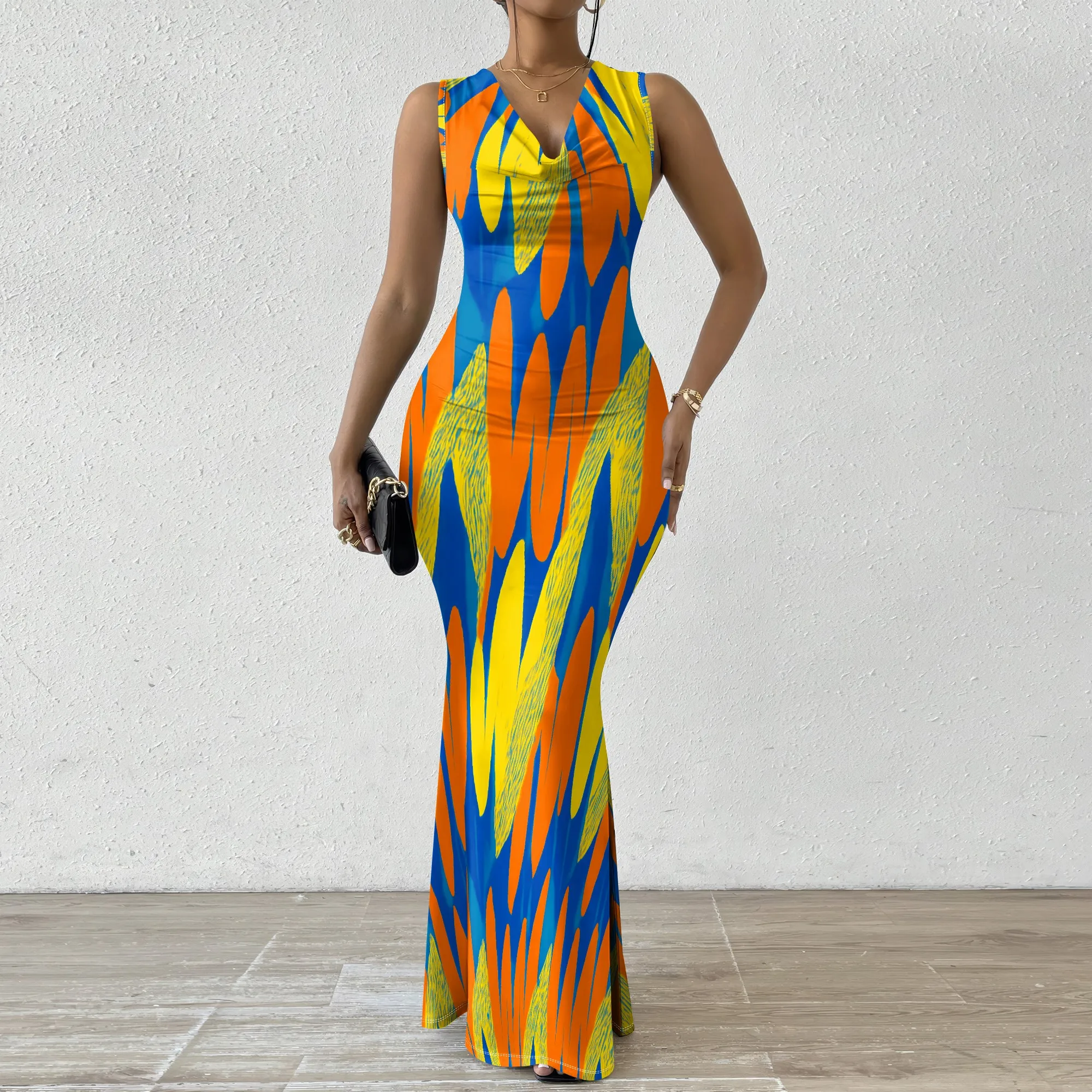 

Bold Afro Inspired Print Maxi Dress XS-2XL Sleeveless V-Neck Bodycon Long Dress for Festival, Carnival & Summer Events