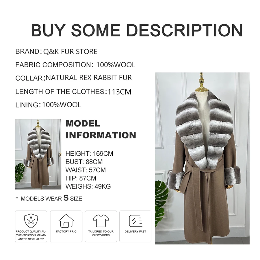 Women's Woolen Winter Coat With Real Rabbit fur Chinchilla Wool Cashmere Blends Oversize Loose Jacket Ladies Natural Fur Collar