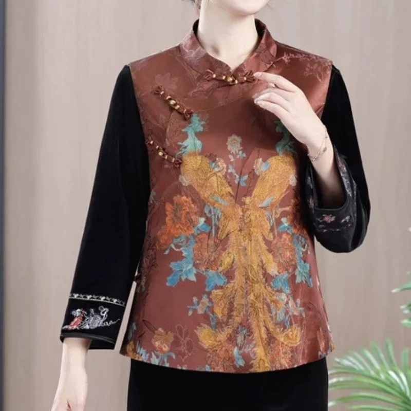 New Chinese Style Women Qipao Tops Mandarin Collar Jacket Chinese Style Satin Jacquard Blouse Vintage Button Daily Clothes