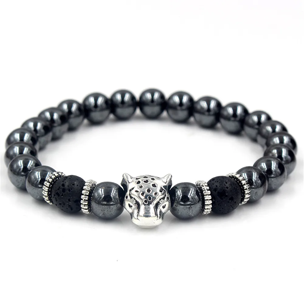 New Black Iron Stone Lion Head Leopard Head Crown Owl Helmet with Spacer and Two Volcanic Stones Bracelet Bracelet for Men