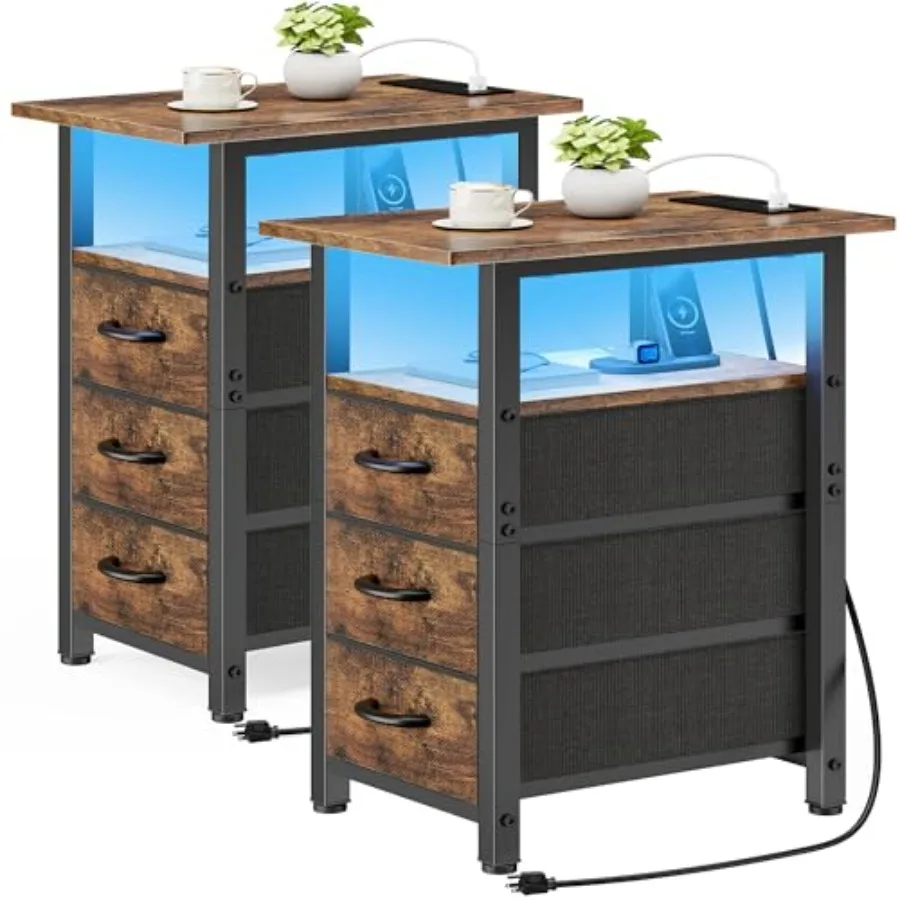 

Комплект из 2-х прикроватных тумбочек с зарядной станцией и LED-подсветкой, узкий приставной столик, LED-тумбочка с 3 тканевыми ящиками для спальни