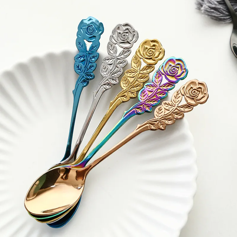 1 Pc Stainless Steel Rose Spoon Flower Handle Coffee Tea Small Stirring Ice Cream Dessert Spoon